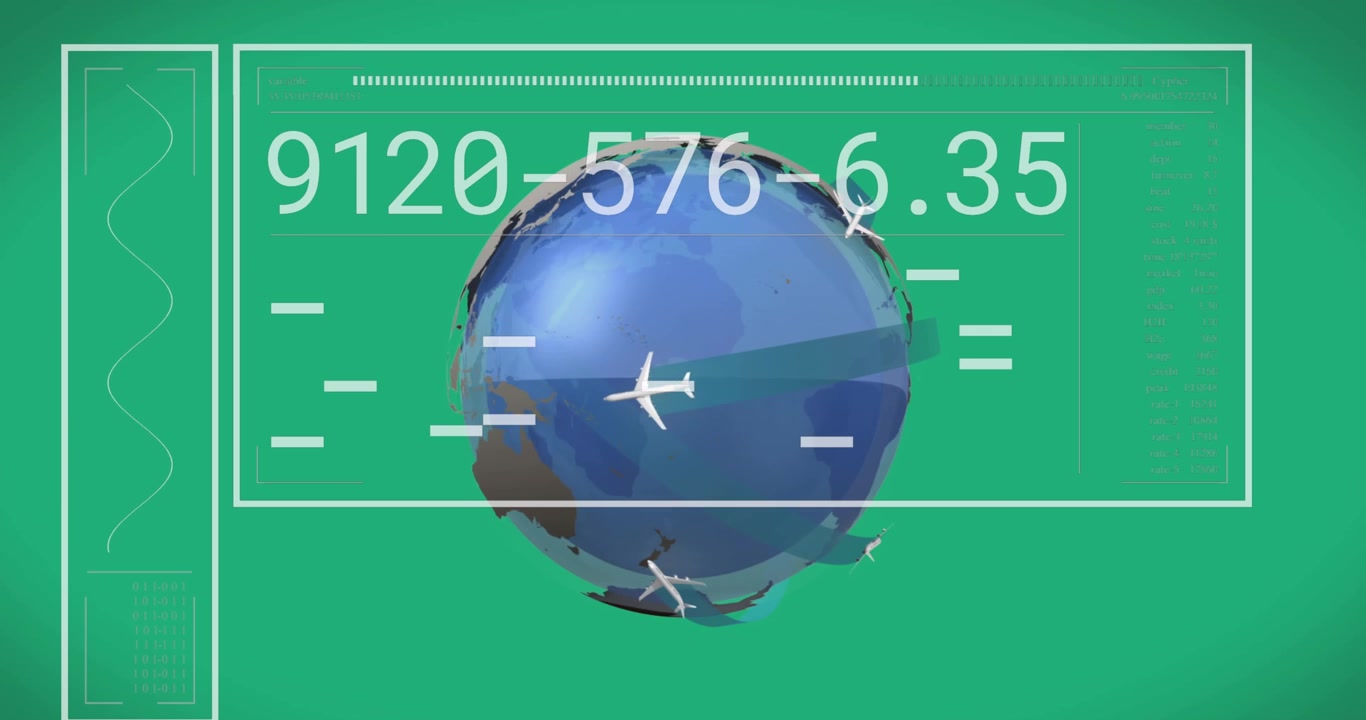 Animation of interface with data processing, airplane icons over spinning globe on green background