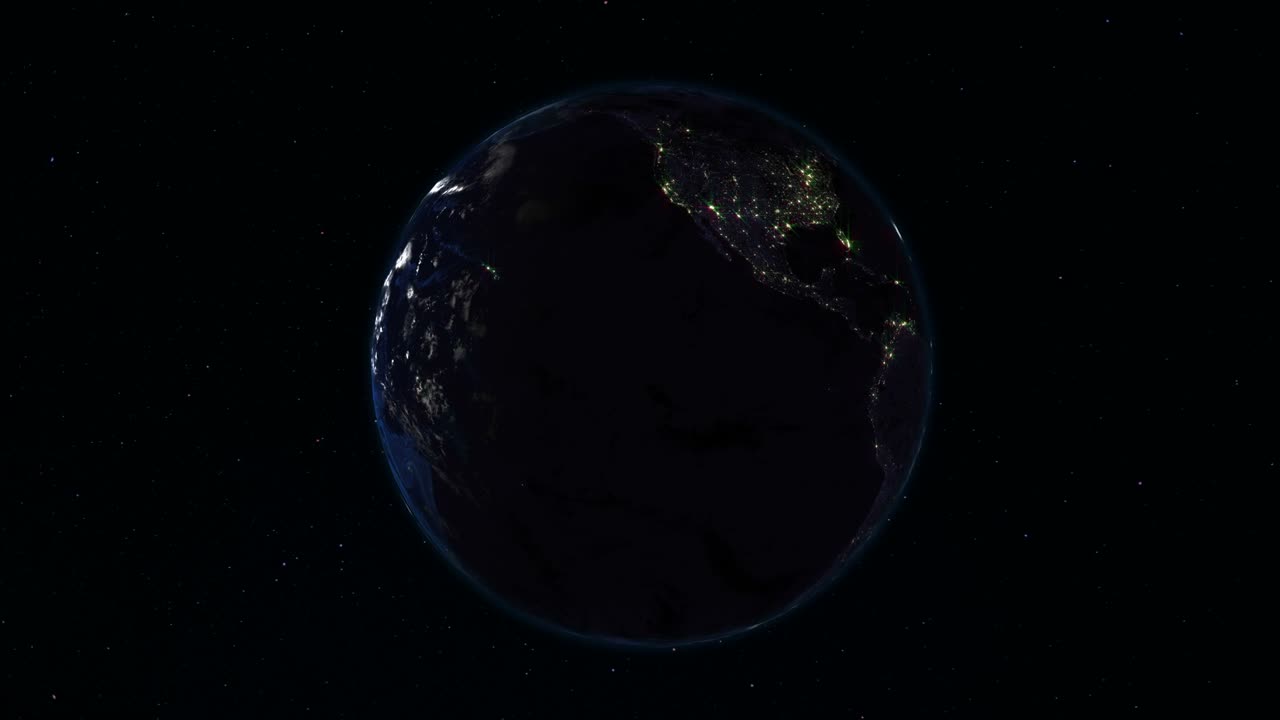 宇宙で回転するリアルな地球（ループ）。地球上では昼夜の変化が見られる。