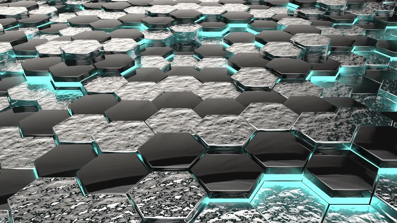 추상적인 육각형 블랙 실버 배경과 파란 네온 요소, 3d 루프 애니메이션 4k, 시엄리스 루프 디지털 육각형 모션 그래픽