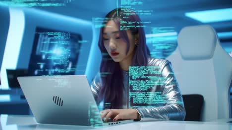 a futuristic scene featuring a young woman analyzing data on a laptop surrounded by streams of code in a high-tech environment with neon vibes