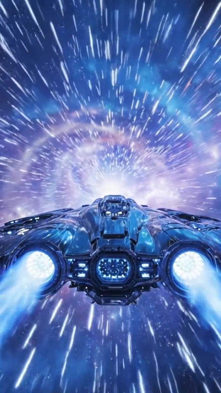 Un'astronave futuristica si libra attraverso un vortice di stelle e luce, catturando l'essenza del viaggio interstellare e dell'avventura cosmica