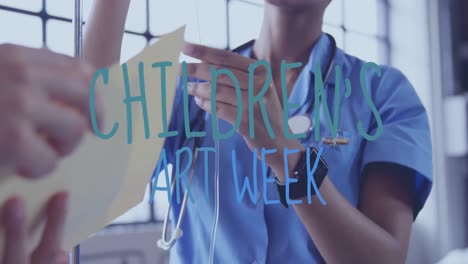 animation of children's art week text over biracial female doctor preparing drip