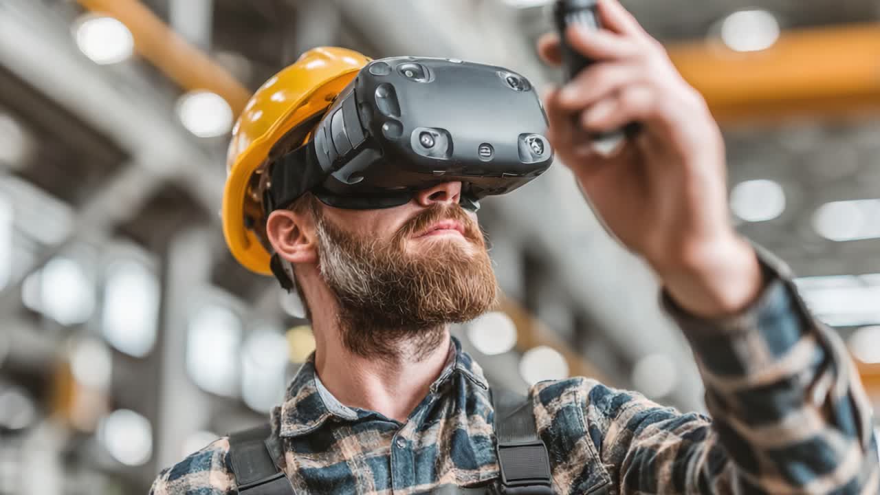 A focused individual equipped with VR technology engages in a simulated experience, wearing a safety helmet and operating a device in a modern industrial environment