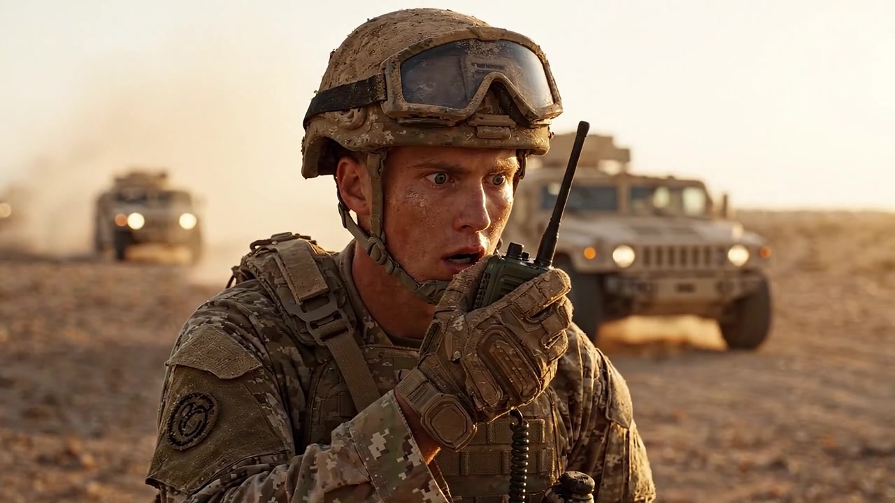 Un soldato in azione comunica urgentemente mentre è circondato da veicoli militari in un paesaggio desertico polveroso durante un momento critico di tensione.