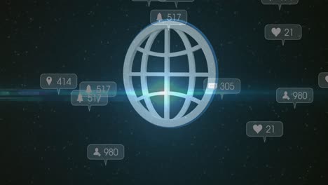 animation of social media icons and numbers over globe on blue background