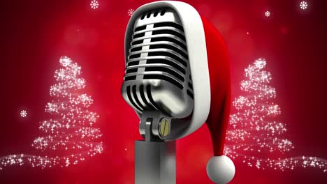 animation of christmas winter scenery with santa hat over retro microphone