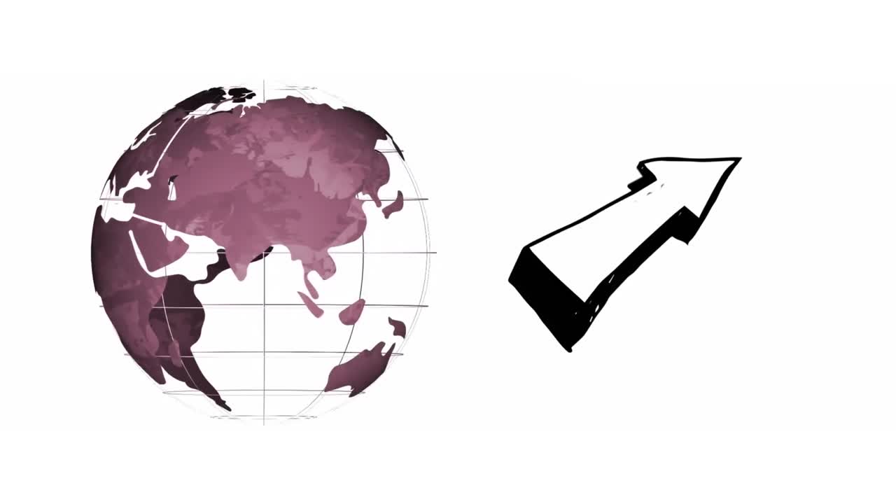Animation of rotating purple globe and outline arrow with text success, on white