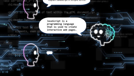 animation of ai text, icons and data processing over circuit board