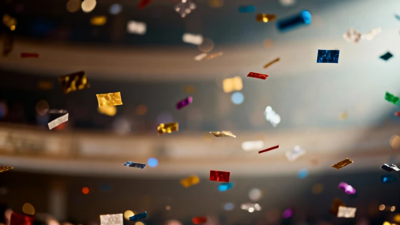 Celebratory release sending metallic confetti tumbling down theater balconies, reflecting lights