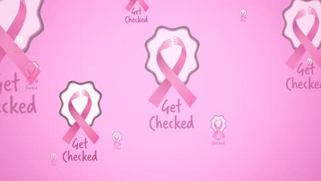 Animation-of-multiple-pink-ribbon-logo-and-breast-cancer-text-flying-on-pink-background