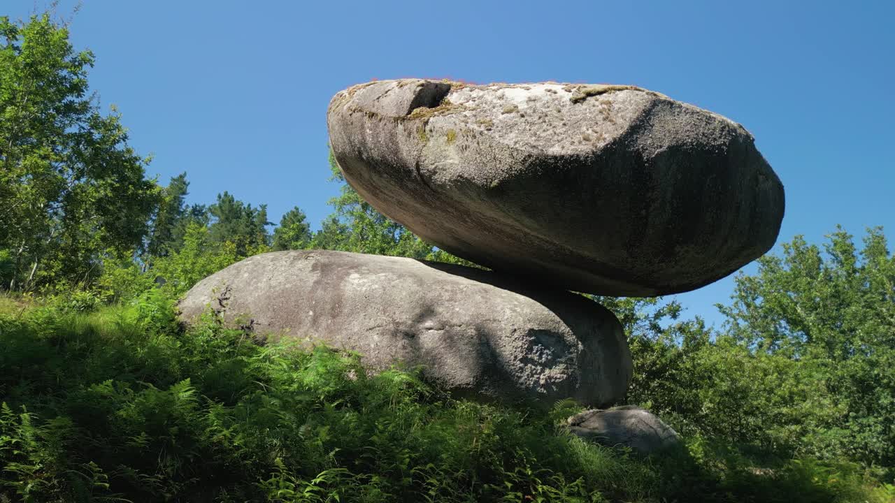 Scenic Balance Stones On The Slopes At Pena do Equilibrio In Ponteareas, Pontevedra, Spain. Closeup Shot