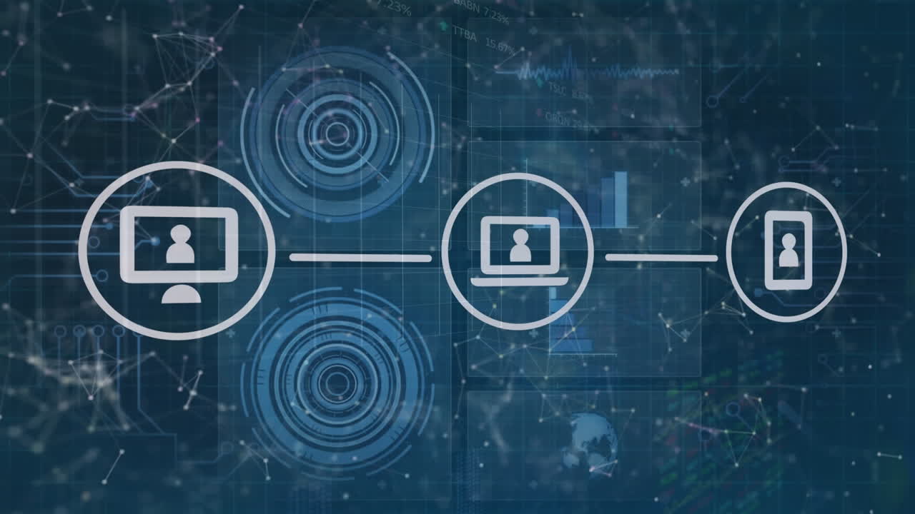 Animation of connected icons over loading circles against graphs and connected dots in background
