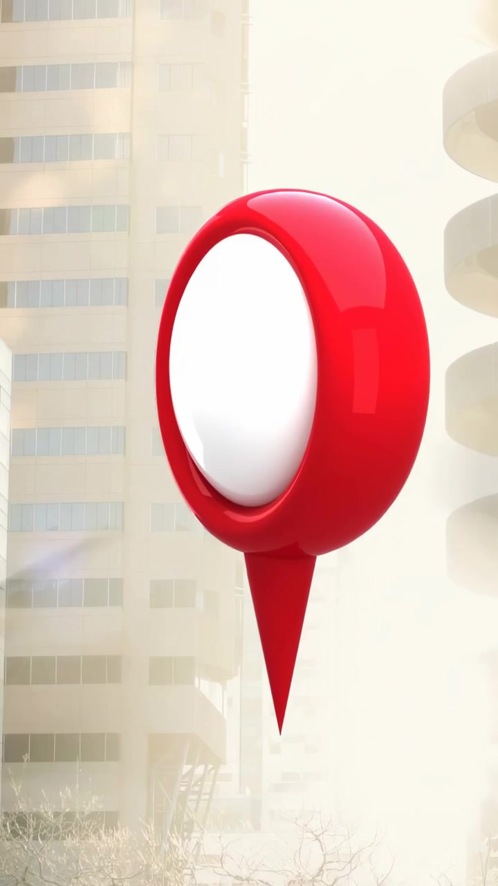 Video verticale: Spillo rosso che appare, cresce e segna un punto commerciale mentre i pendolari passano intorno