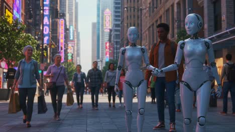 a futuristic urban scene: robots and humans interact in a bustling city as two advanced androids hold hands, showcasing technology's impact on social dynamics in modern life
