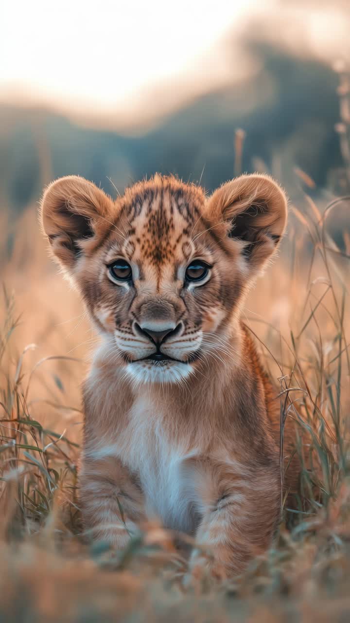 Close-up of a lion cub in tall grass, captured at eye level. The warm, soft focus evokes a serene