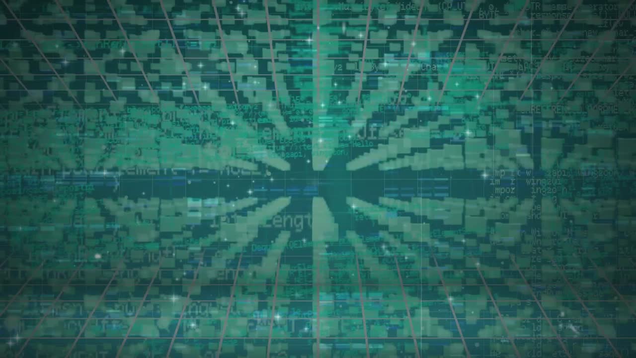 Animation of coding, data forming lock icon over grid interface