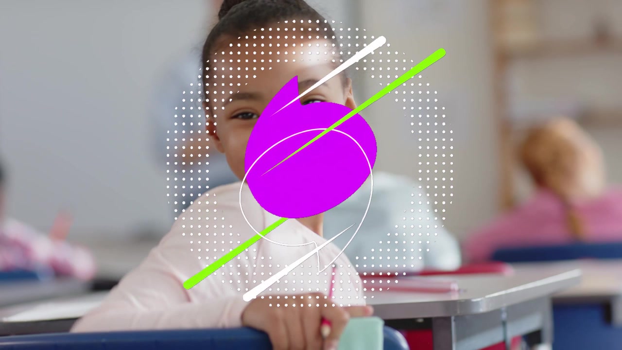 On play girl smiling in classroom as purple bubble revealing FLASH SALE masking face for marketing
