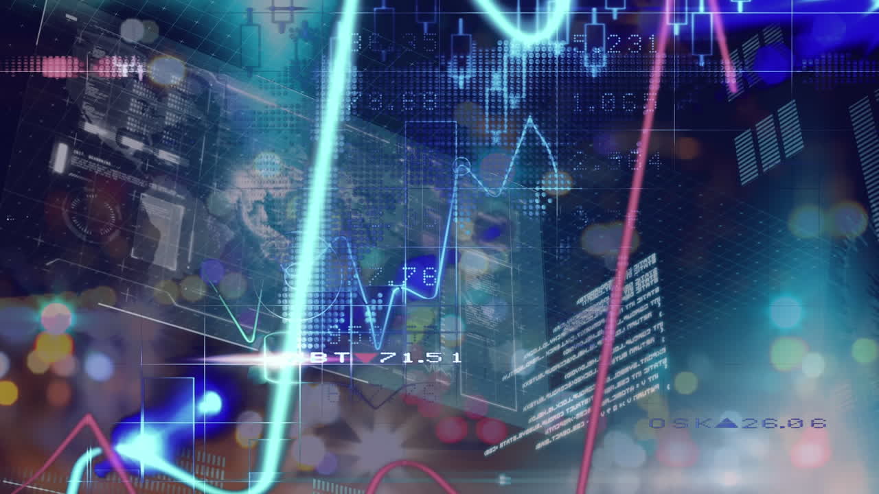 animación de estadísticas y procesamiento de datos con luces desenfocadas