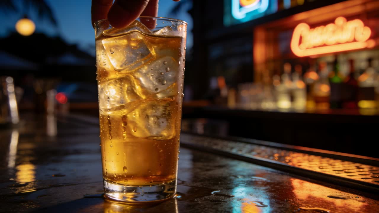 Mano che si allunga e solleva un bicchiere alto con ghiaccio sul bancone del bar per bere, con riflessi al neon