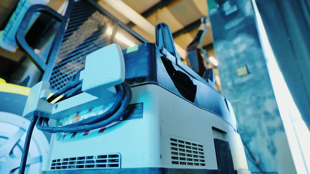 Powerful vacuum handles wall dust as background worker sands interior surface