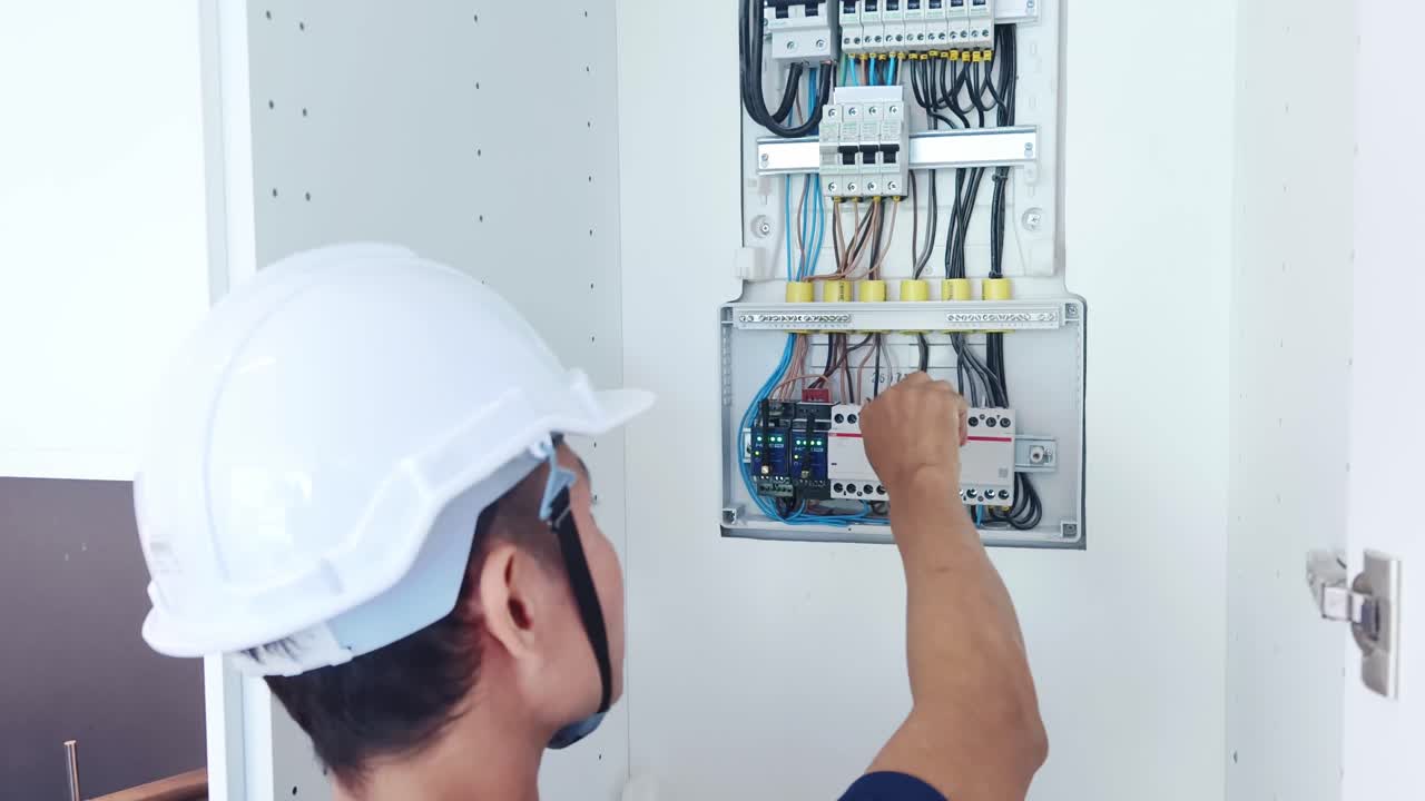 electricista trabajando en un panel eléctrico