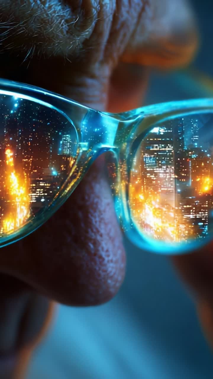 A close-up view of an elderly person's face, focusing on eyeglasses that reflect a vibrant city skyline, showcasing lights and colors in the lens reflections