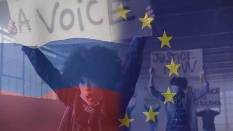 Animación-De-La-Bandera-De-Rusia-Y-La-Unión-Europea-Sobre-Una-Manifestante-Afroamericana.