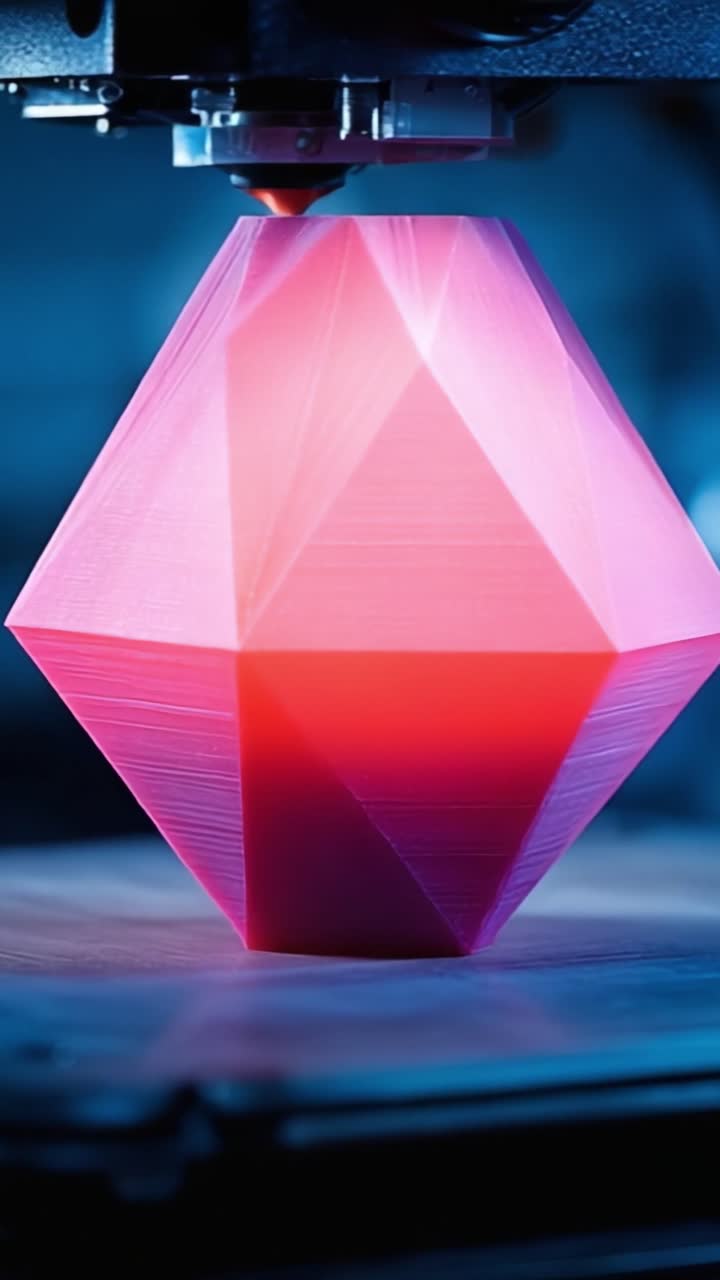 A Vibrant Pink Geometric Shape Slowly Emerging from a 3D Printer, Showcasing the Intricate Details of Its Faceted Design and Smooth Curvature in a High-Tech Environment