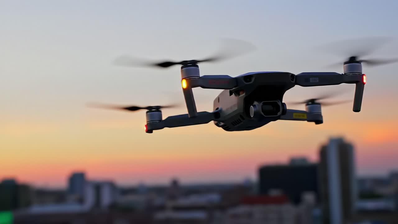Aerial Perspective: Captivating Views as a Drone Flies Against the Colorful Sunset Skyline, Showcasing Technology and Nature in Harmony