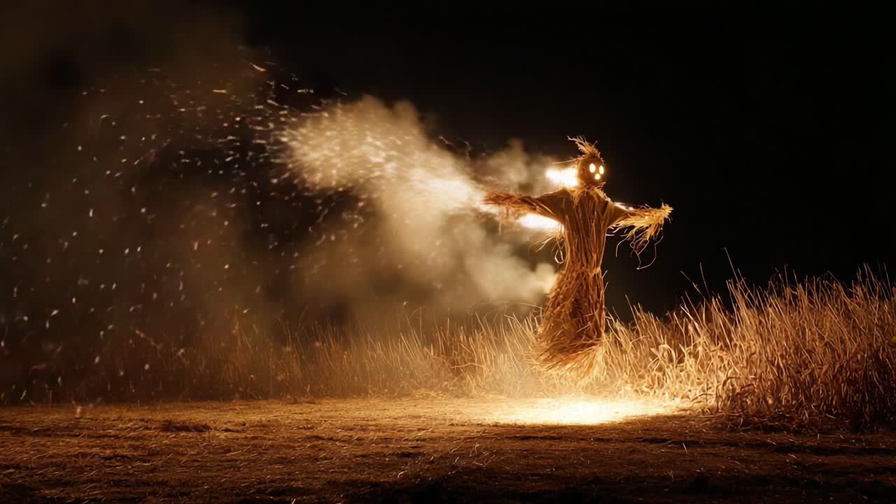A spectral figure of a straw man dances eerily in the night, illuminated by a ghostly glow against a backdrop of tall grasses and swirling mist, evoking an atmosphere of mystery and awe