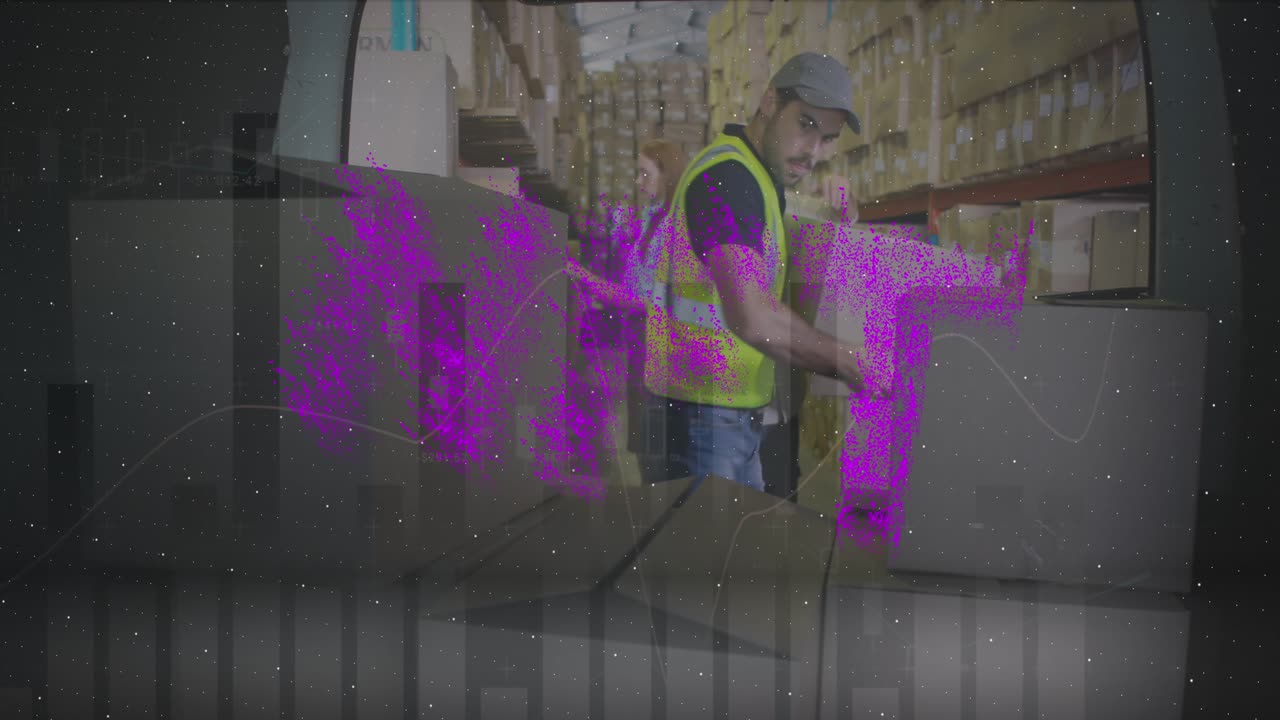Animation of nft text over delivery man next to a car