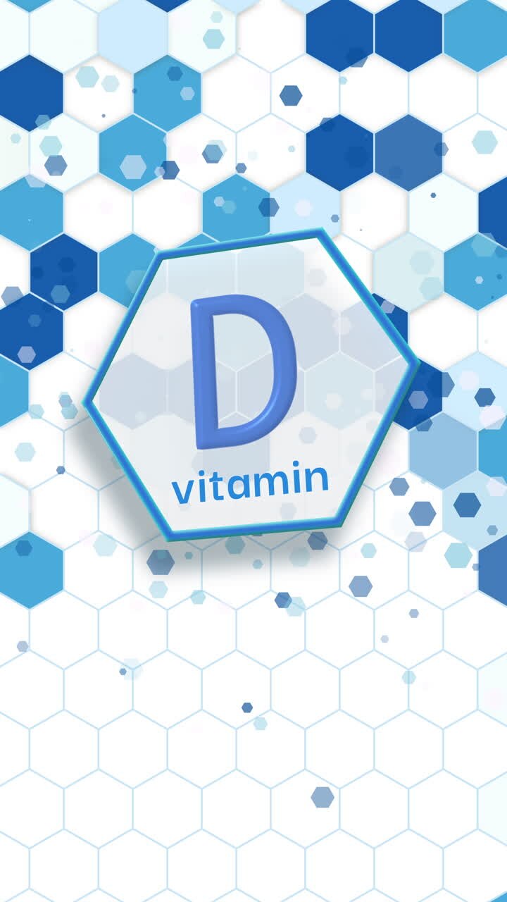 Sekskantet ikon af vitamin D-tilskudskompleks. Sundhedspleje og videnskabsikonmønster, medicinsk innovation. Blå loop-baggrund. Vertikal video