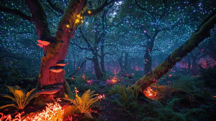 Enchanted Forest: A Mystical Journey Through Luminous Trees and Vibrant Flora Under a Starry Canopy of Twinkling Lights