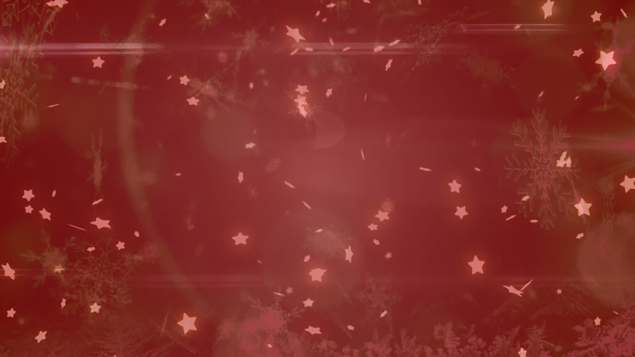 여러 개의 눈송이와 별 아이콘이 빨간 배경에 빛의 반점 위에 떠다니고 있습니다.