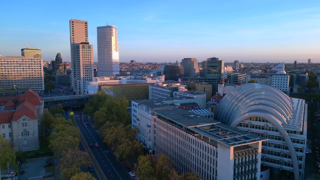 ludwig erhard haus and berlin cityscape at dusk Autumn sunset 2024. Unbelievable aerial view flight panorama orbit drone