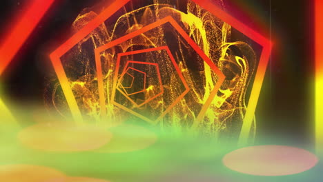 animation of green light and orange and yellow hexagon tunnel over flames on black background