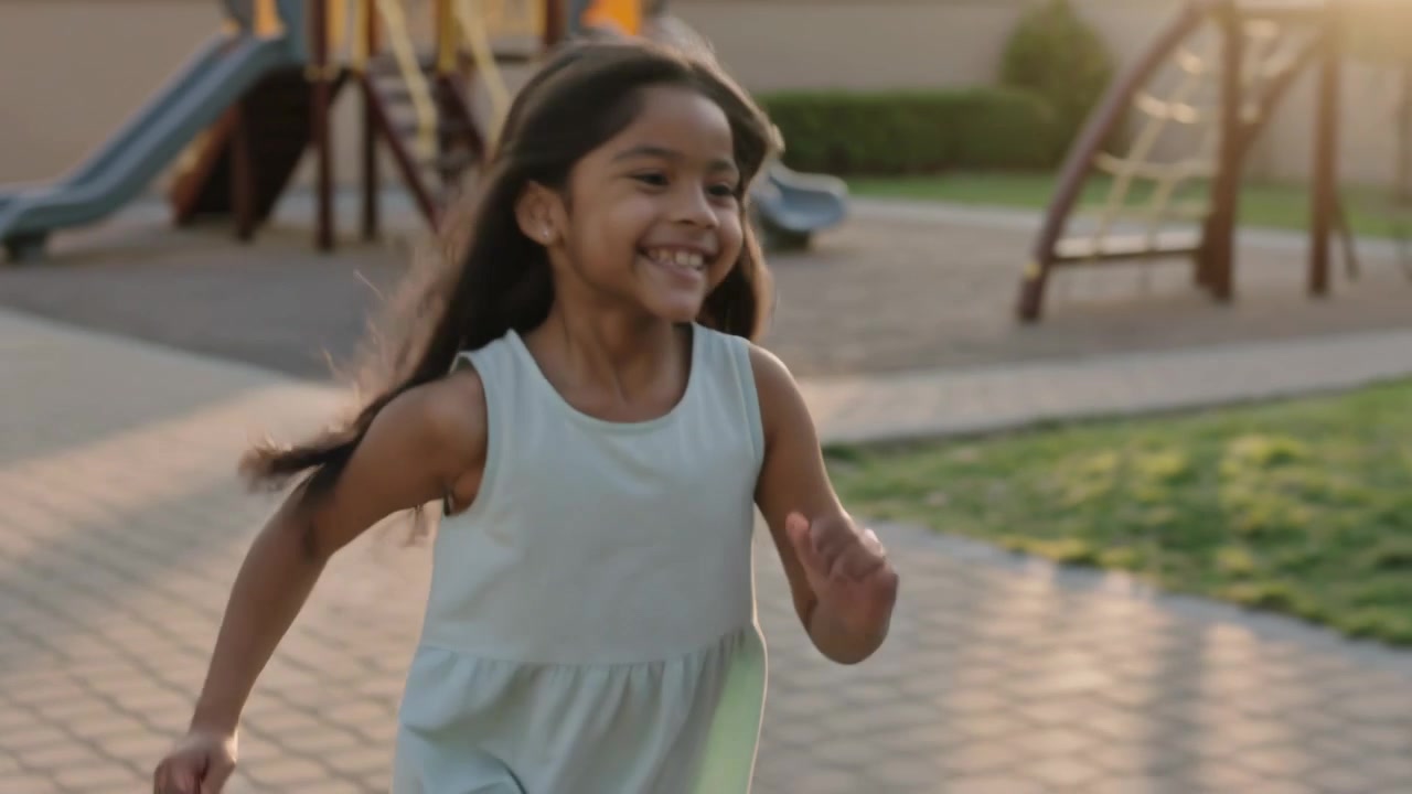 Empezando por la izquierda, niña corriendo con vestido sin mangas, moviendo los brazos con entusiasmo por los toboganes del parque infantil.