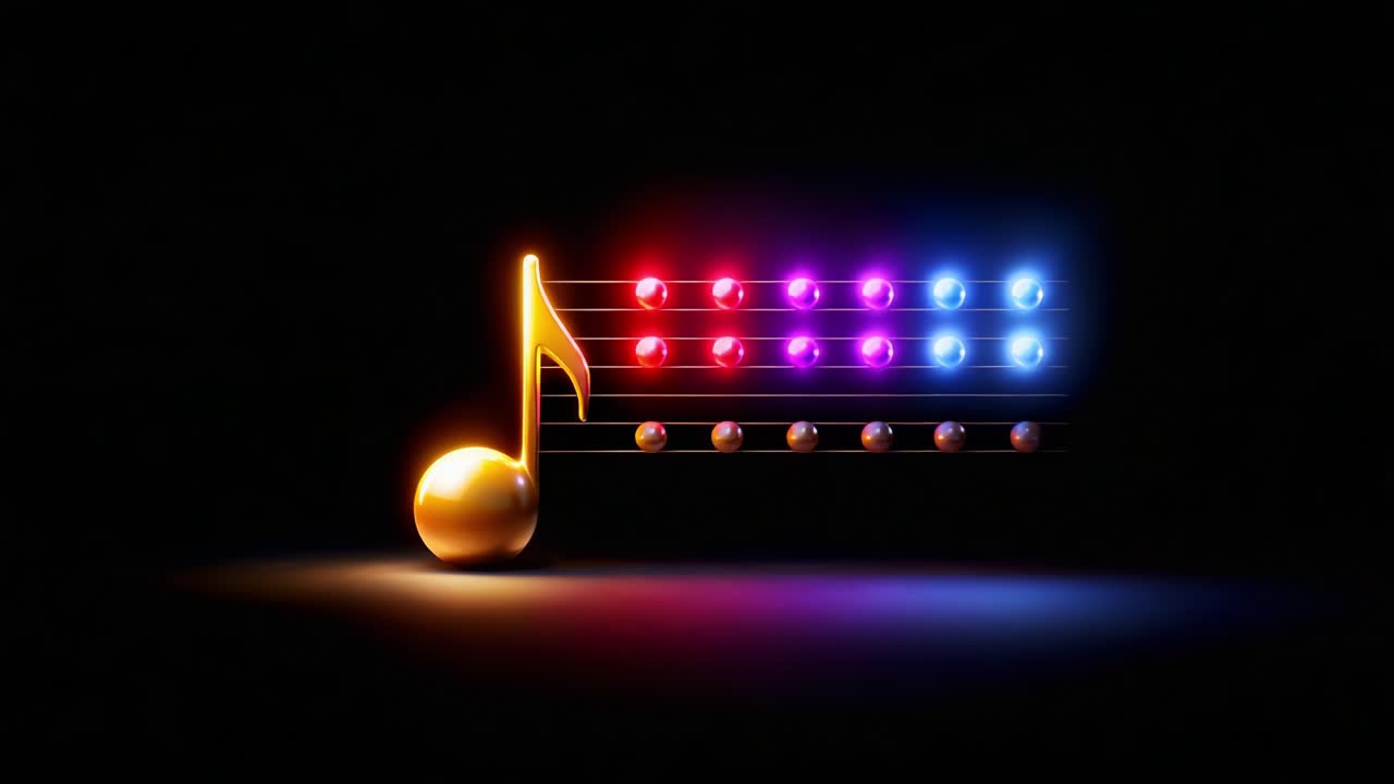 A Dynamic Musical Display: A Vibrant Golden Note with Colorful Lights Transitioning Through a Series of Musical Notes, Creating a Dazzling Visual Experience in Darkness