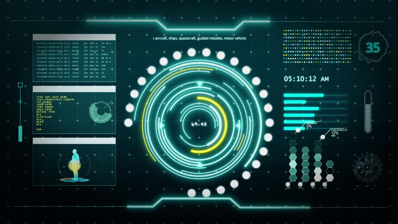 디지털 변환 사용자 인터페이스 컴퓨터 화면 디스플레이와 픽셀 배경, 파란색과 노란색 추상 홀로그램, 홀로그램 기술 개념, 공상 과학, 4k 모션 그래픽 영상