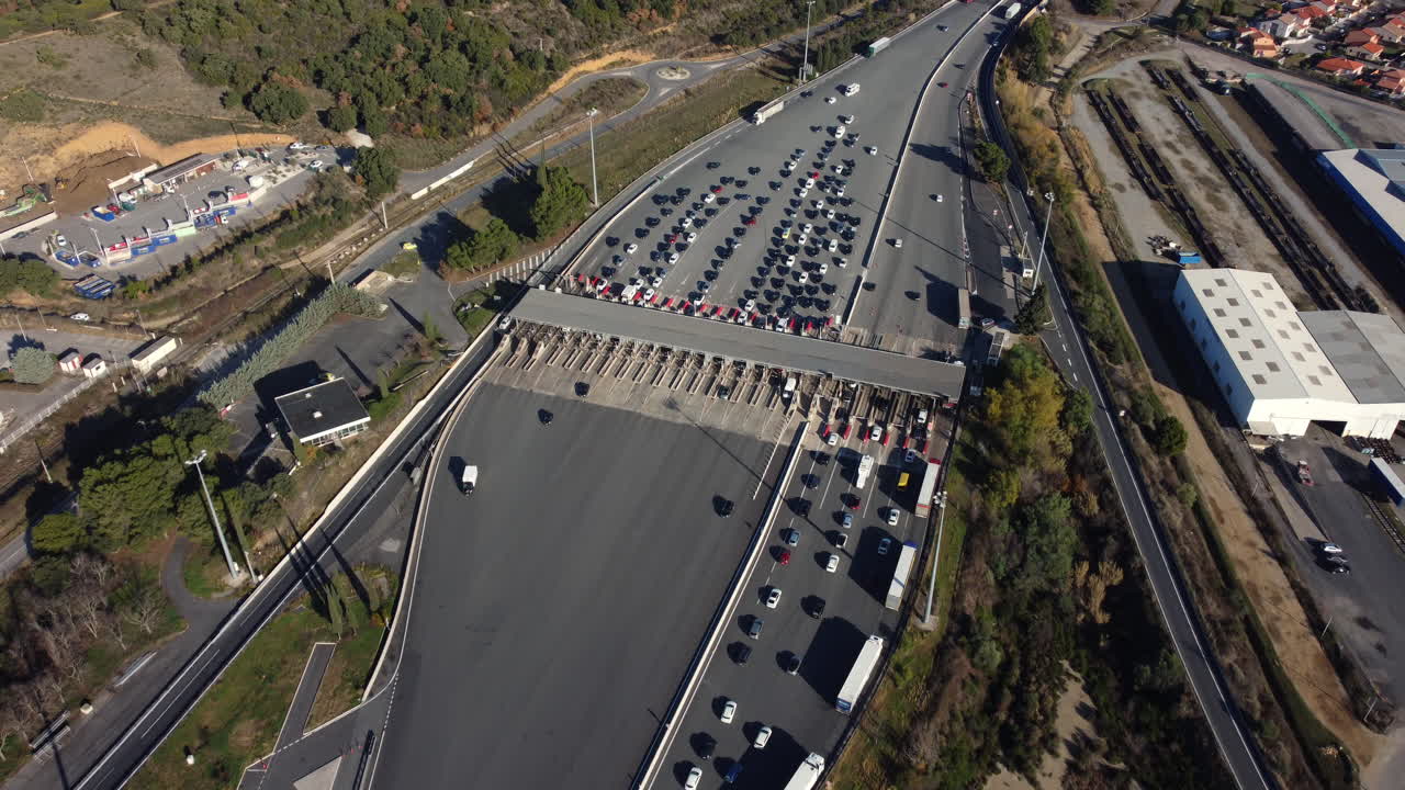 Aerial View of a Busy Highway Toll Plaza