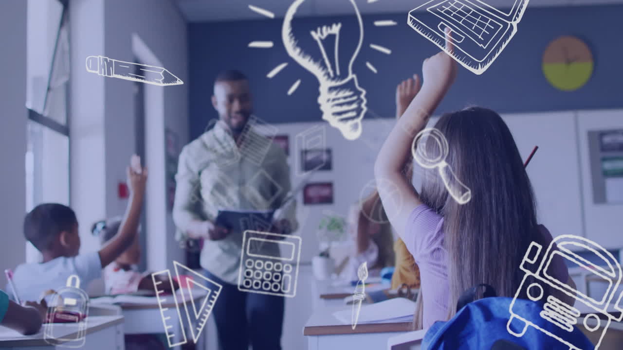 animación de iconos escolares sobre diversos escolares y maestros varones