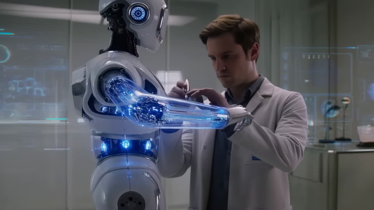 Engineer working on a humanoid robot in a futuristic lab