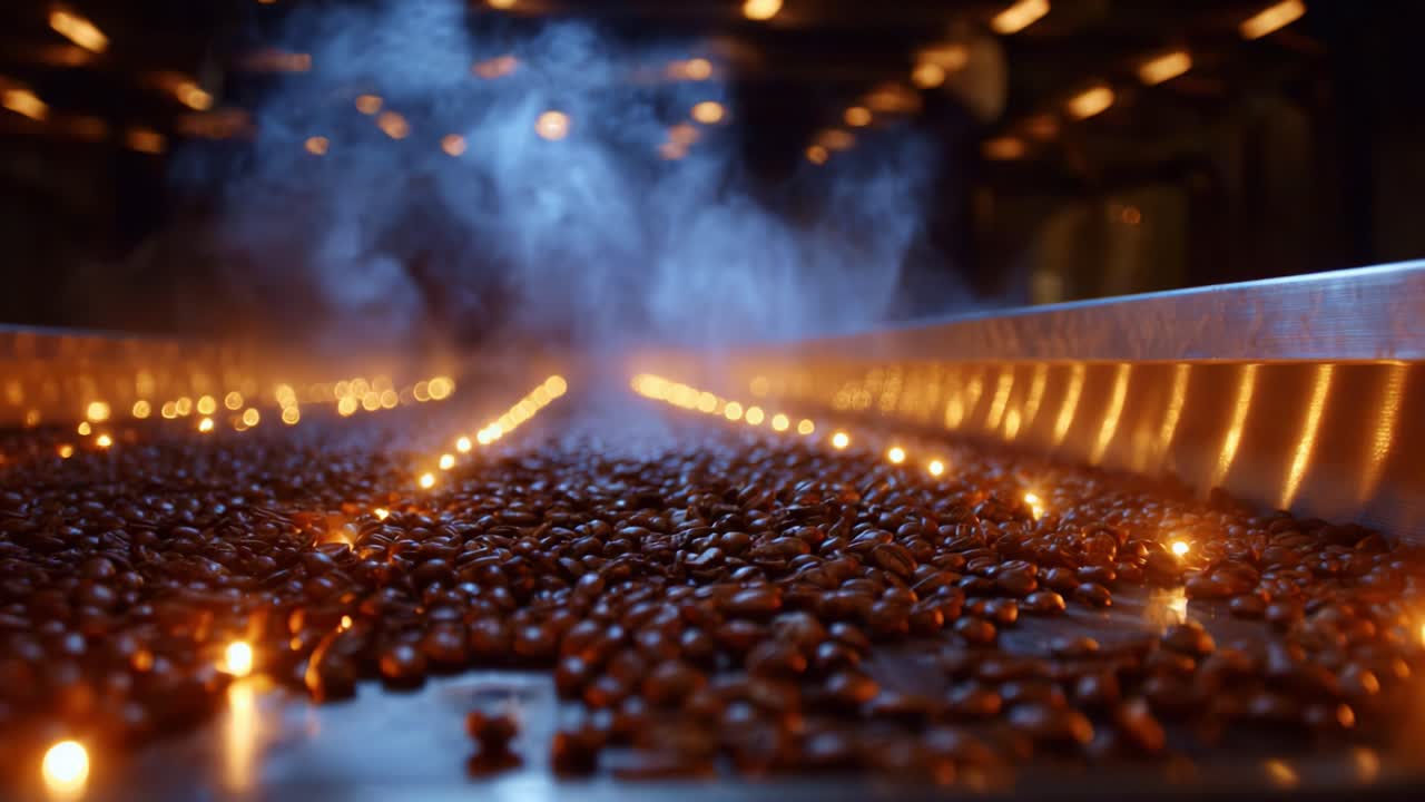 Steam and Light Interact with Coffee Beans in a Roasting Facility, Highlighting the Complex Process of Coffee Production and the Richness of Roasted Flavors