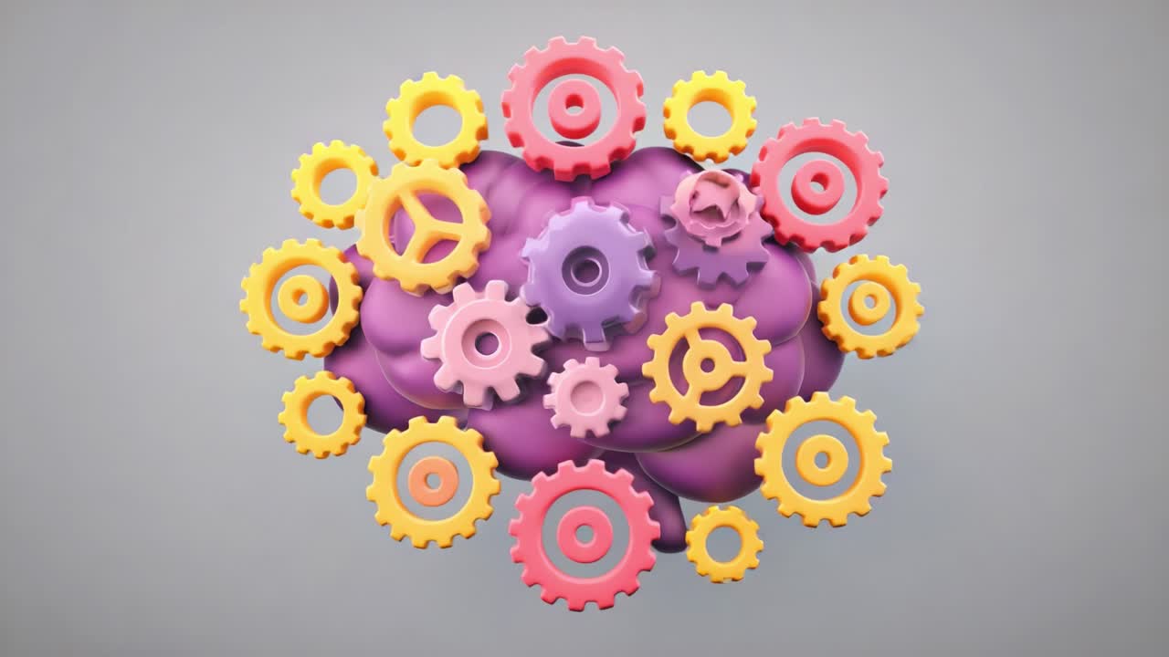 A Creative Visualization of the Brain as a Mechanism: Gears Representing Thought Processes and Cognitive Functions in a Purple Brain Setting