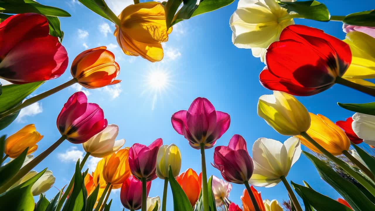 Vibrant tulips shot from a low angle against a bright blue sky, capturing the essence of spring