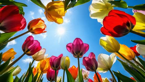 vibrant tulips shot from a low angle against a bright blue sky, capturing the essence of spring