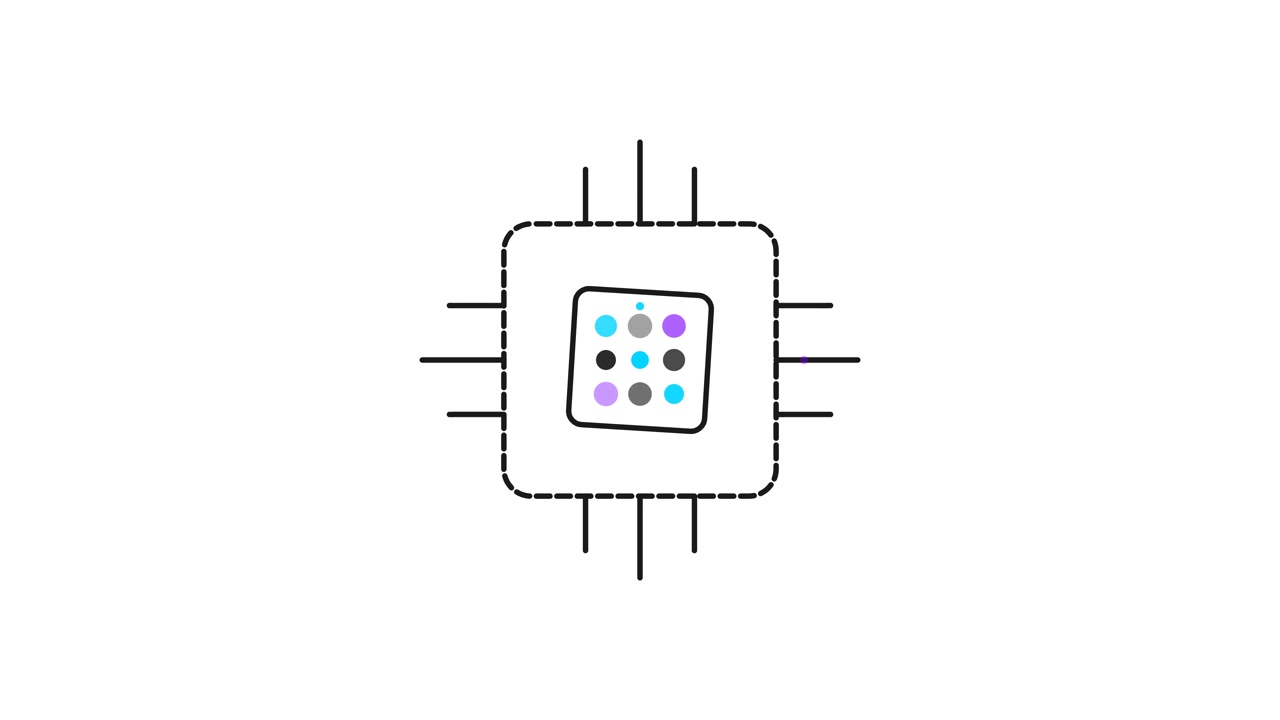 Animeret mikrochip-ikon med pulserende prikker på hvid baggrund
