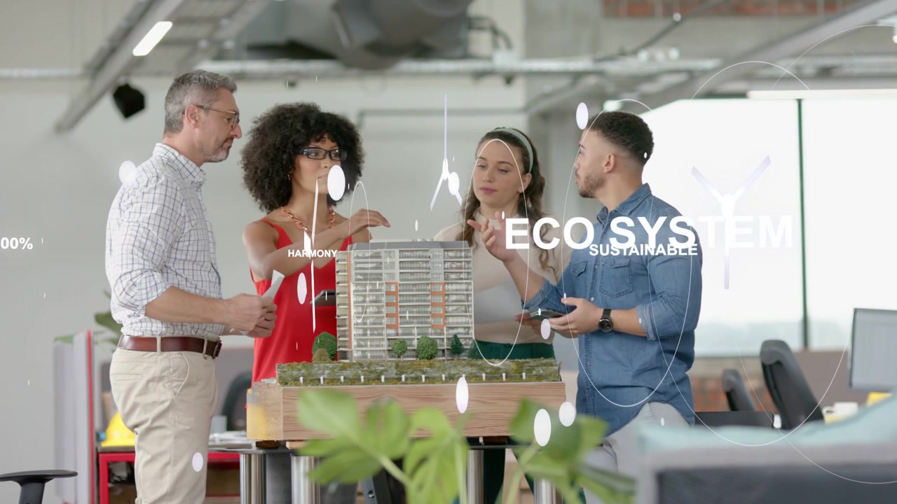 Design team meeting around model, man using tablet starting AR labels showing sustainable features