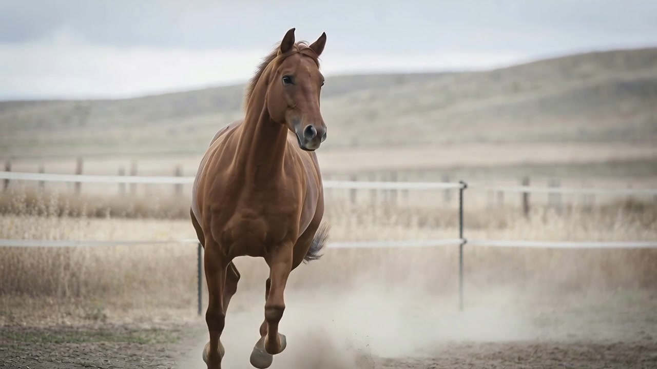 Cavallo sauro che corre e galoppa verso la telecamera dall'estremità lontana di un recinto circolare, sciolto e che solleva polvere