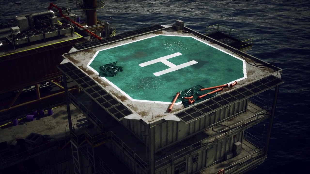 Sea surrounds offshore drill with helipad and weathered equipment